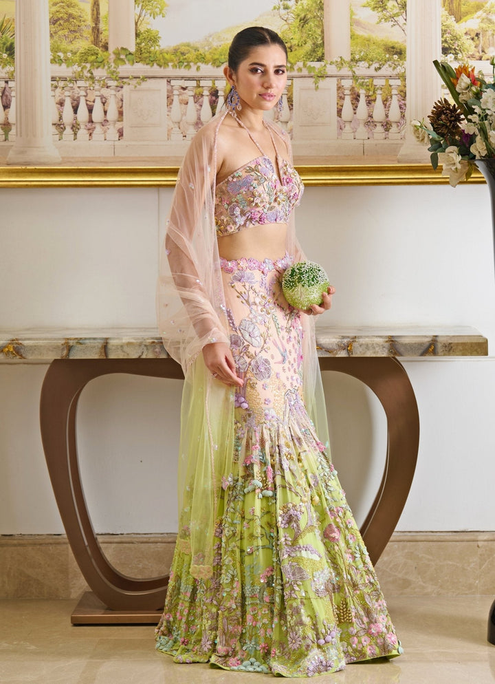 Pink And Green Ombre Embroidered Mermaid Lehenga Set Moledro - Fabilicious Fashion