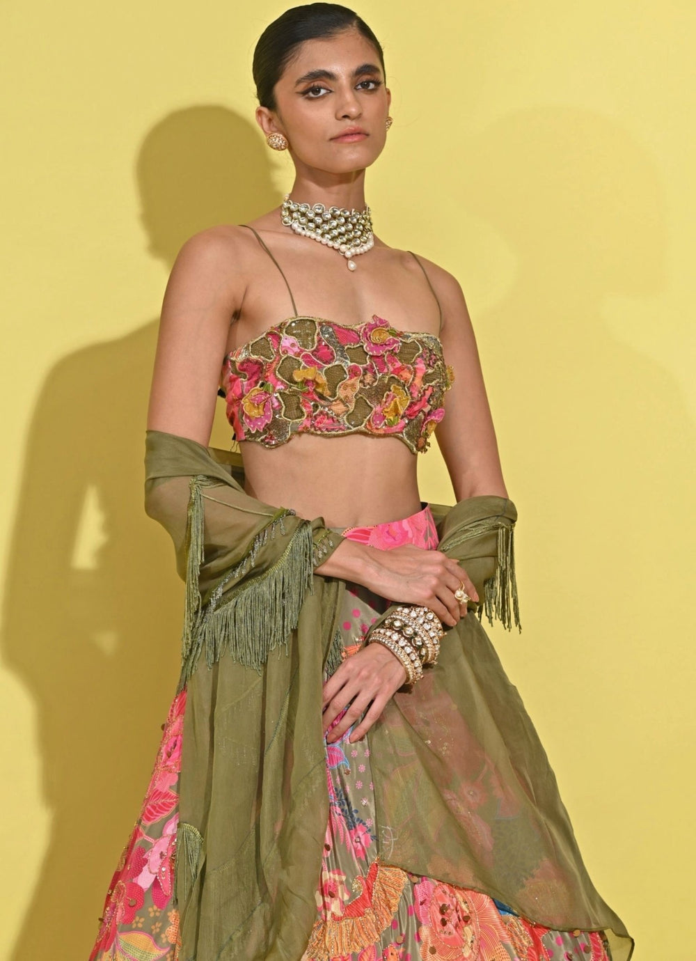 Rishi And Vibhuti Pink And Green Printed Crepe Lehenga SetFabilicious Fashion