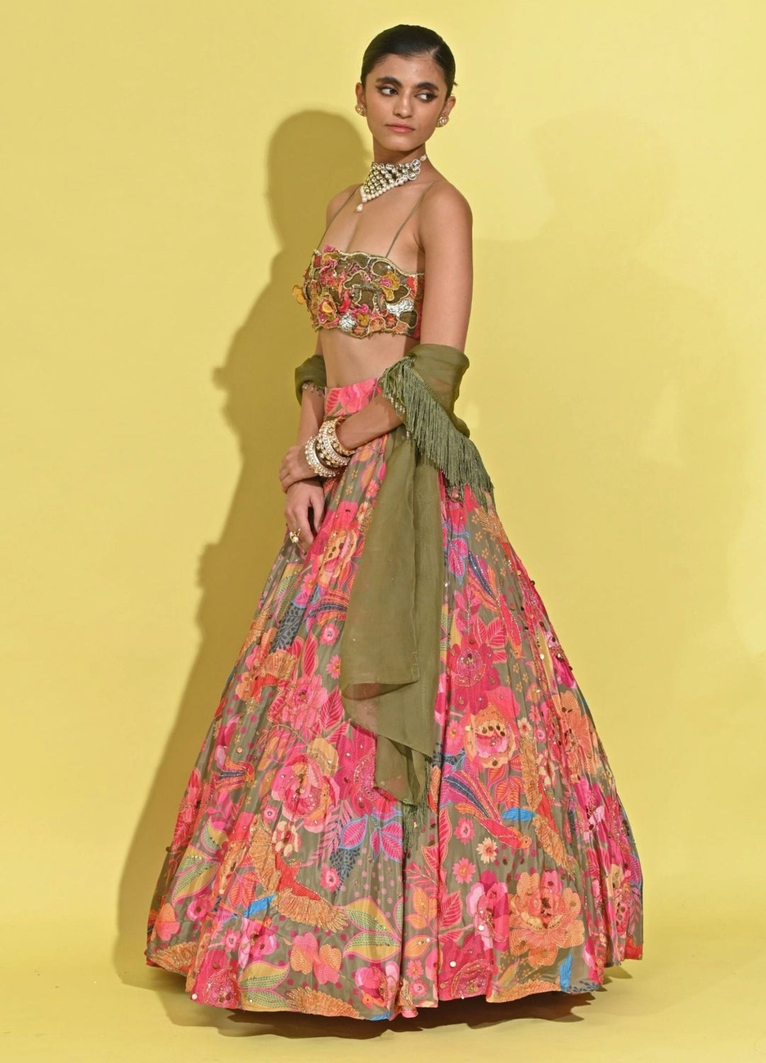 Rishi And Vibhuti Pink And Green Printed Crepe Lehenga SetFabilicious Fashion