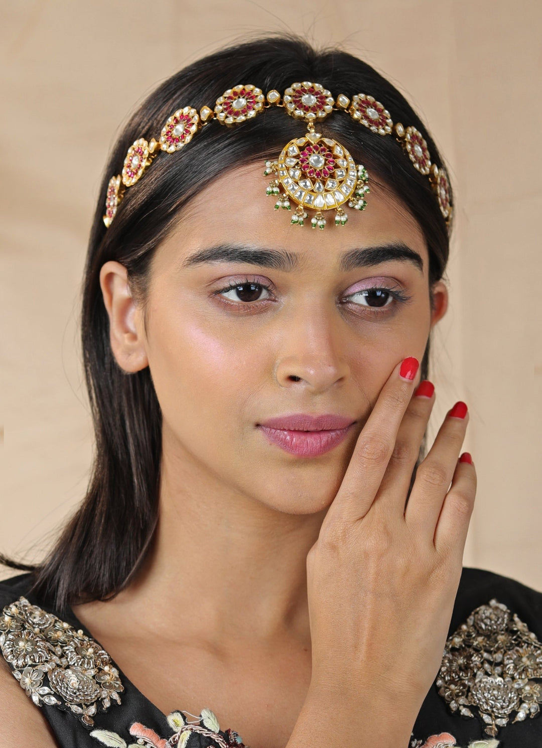 Pink and Green Rajasthani Royal Mathapatti Riana by Shikha Jindal - Fabilicious Fashion