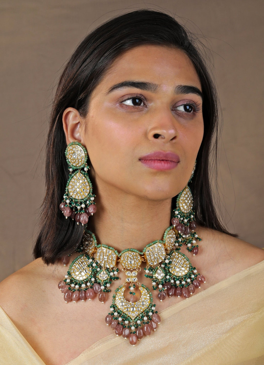 Pink and Green Stone Bridal Choker set Riana by Shikha Jindal - Fabilicious Fashion