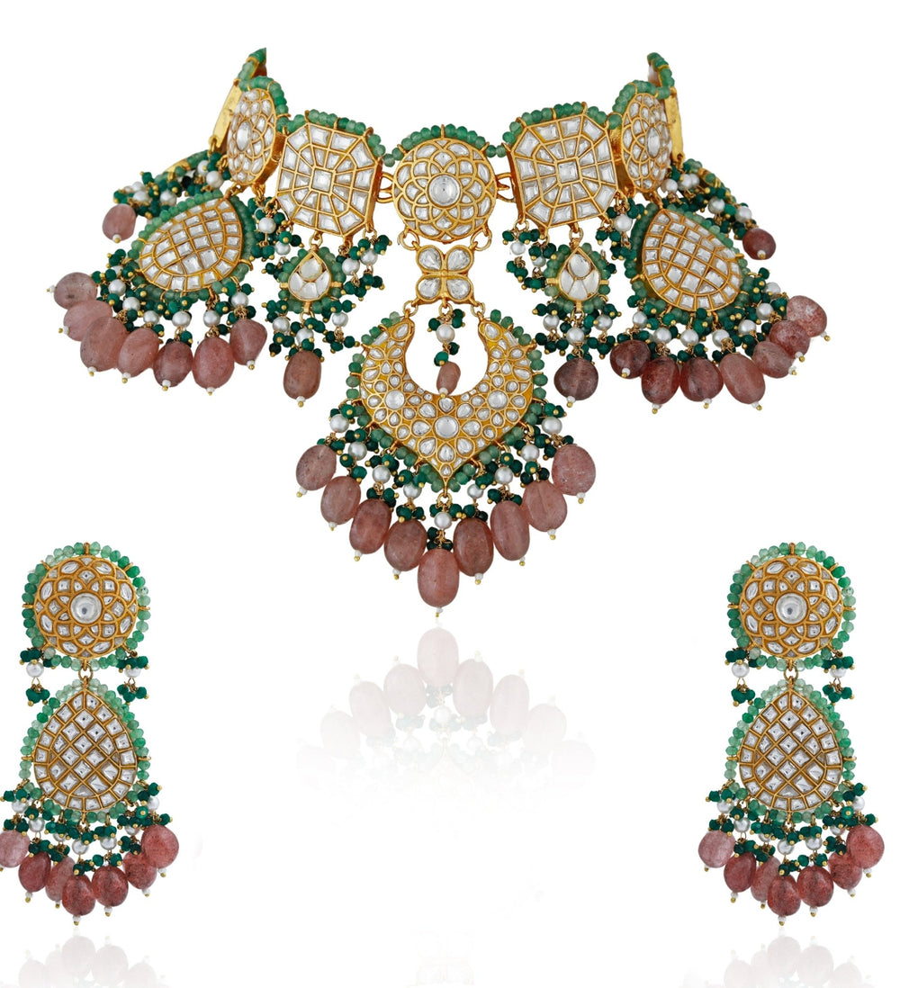 Pink and Green Stone Bridal Choker set Riana by Shikha Jindal - Fabilicious Fashion