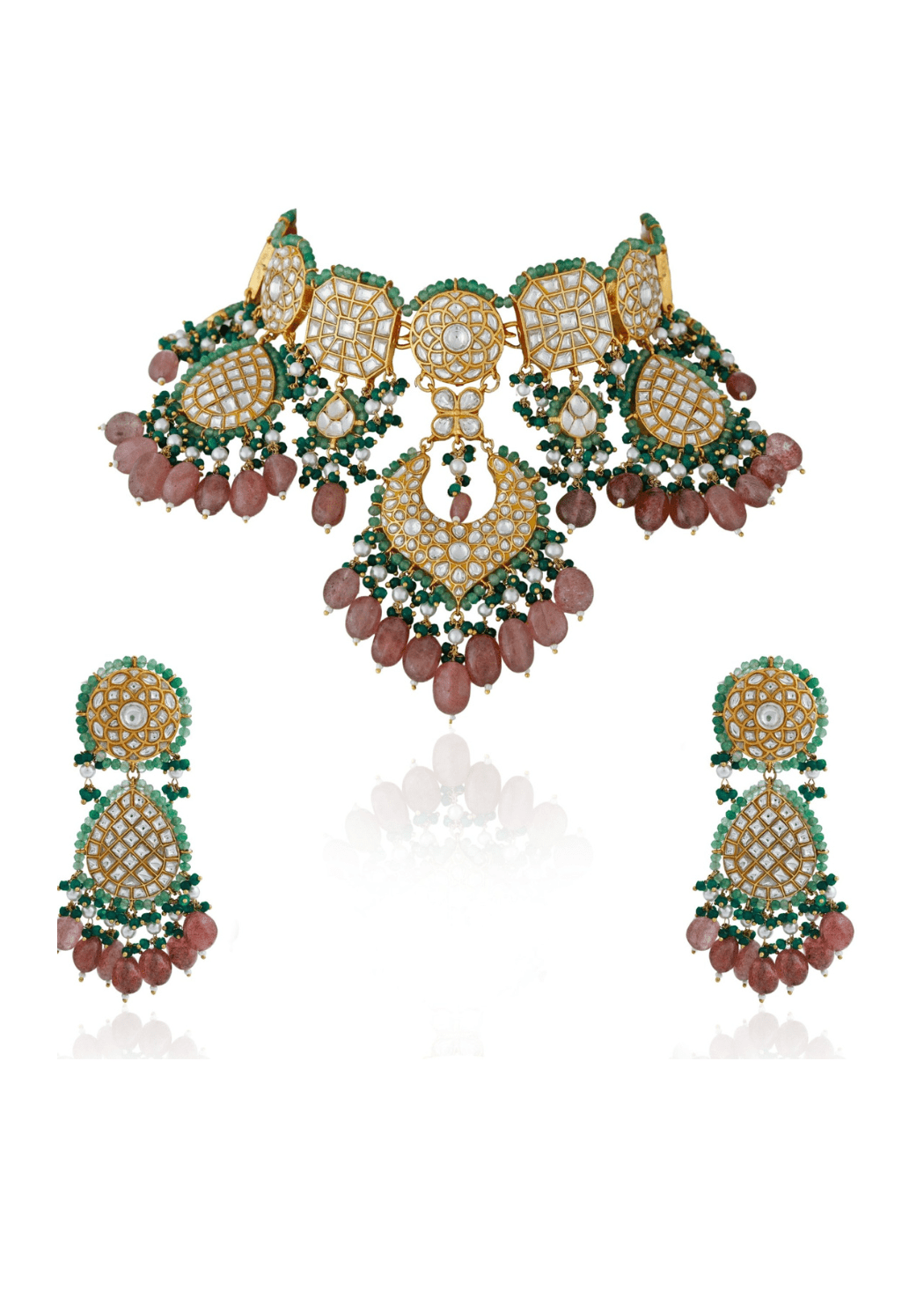 Pink And Green Stone Bridal Choker Set Riana Jewellery - Fabilicious Fashion