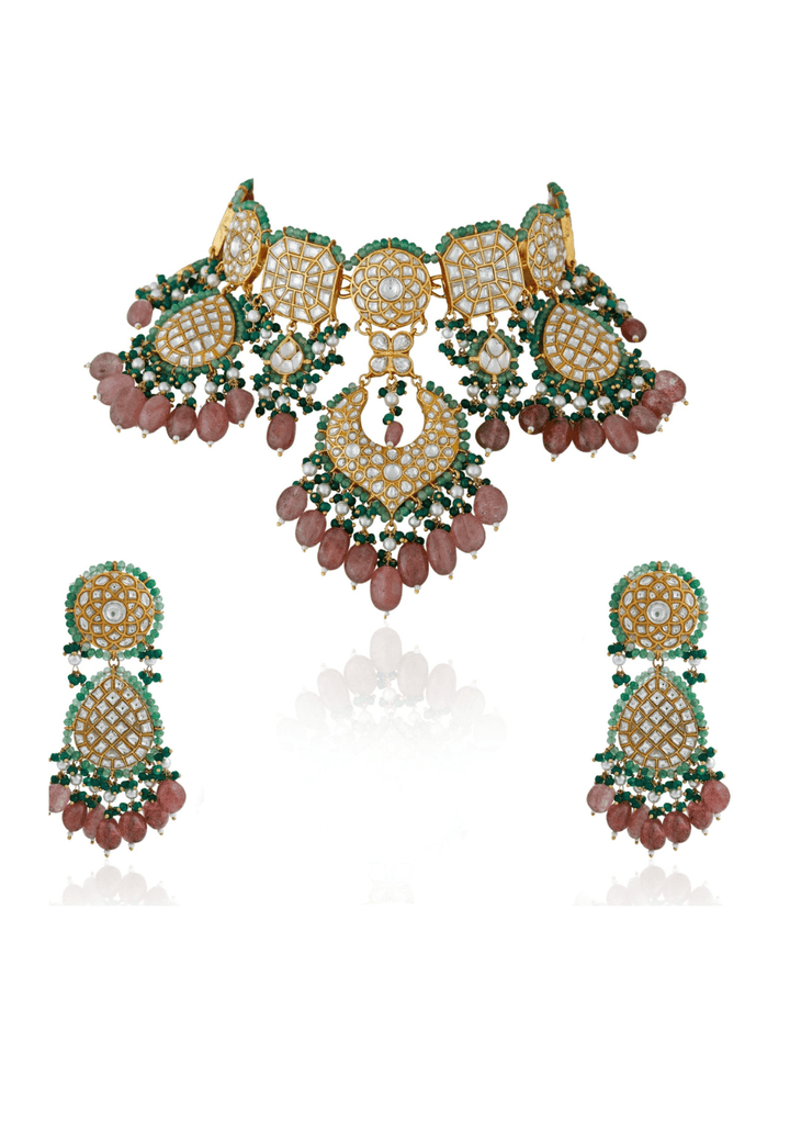 Pink And Green Stone Bridal Choker Set Riana Jewellery - Fabilicious Fashion