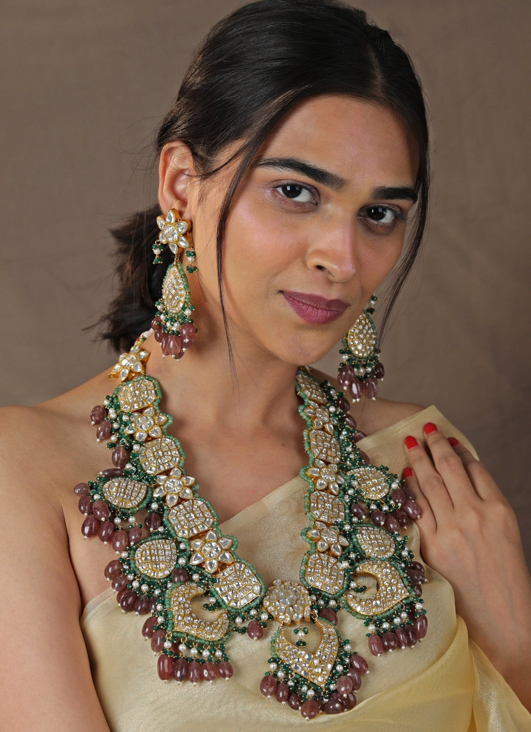 Pink and Green Stone Bridal Necklace set Riana by Shikha Jindal - Fabilicious Fashion