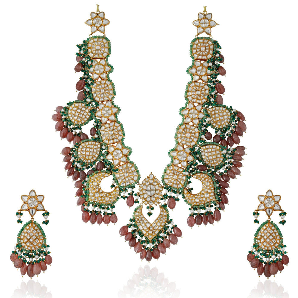 Pink and Green Stone Bridal Necklace set Riana by Shikha Jindal - Fabilicious Fashion