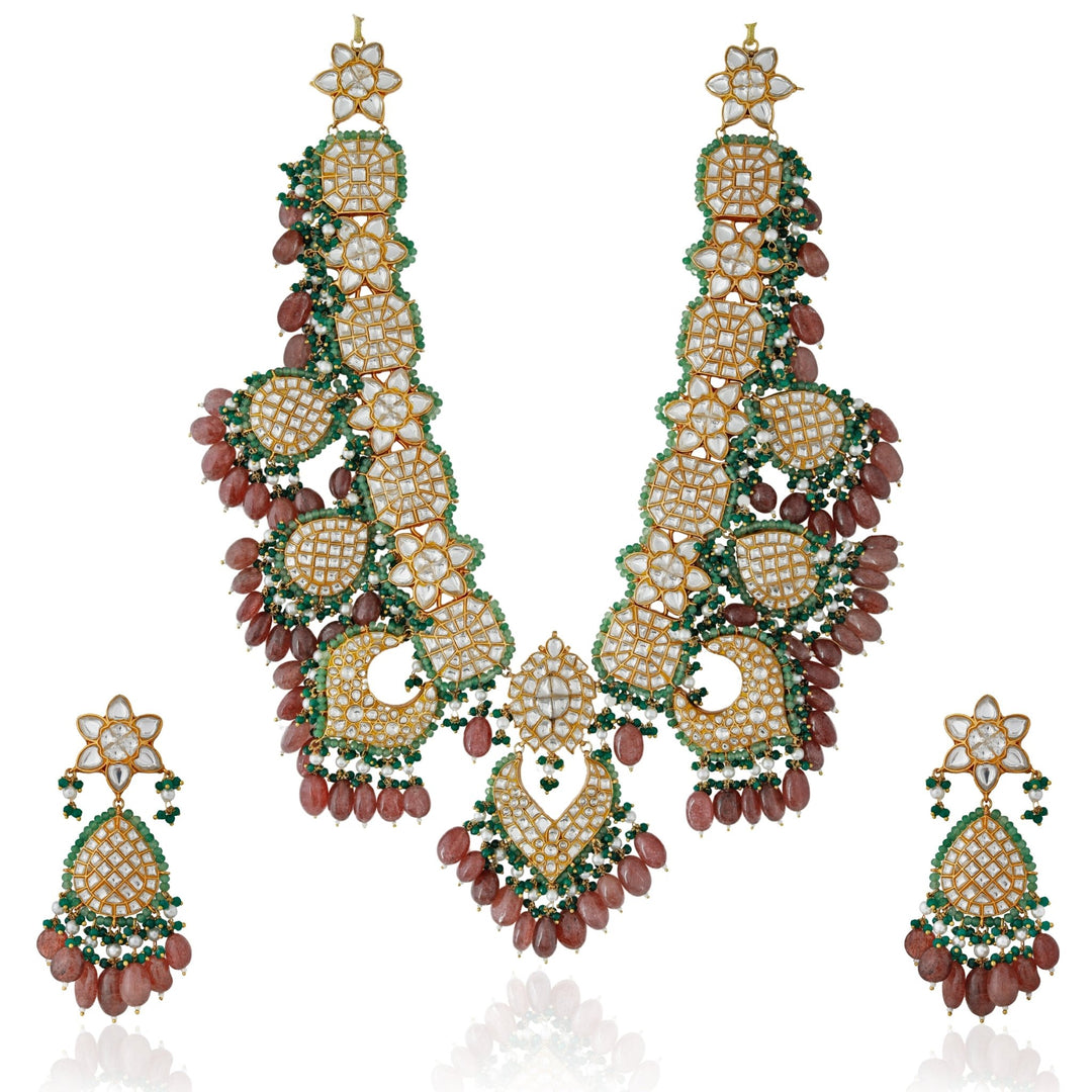Pink and Green Stone Bridal Necklace set Riana by Shikha Jindal - Fabilicious Fashion