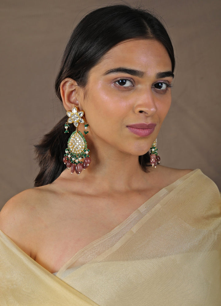 Pink and Green Stone Chandbali Earrings, Riana by Shikha Jindal - Fabilicious Fashion