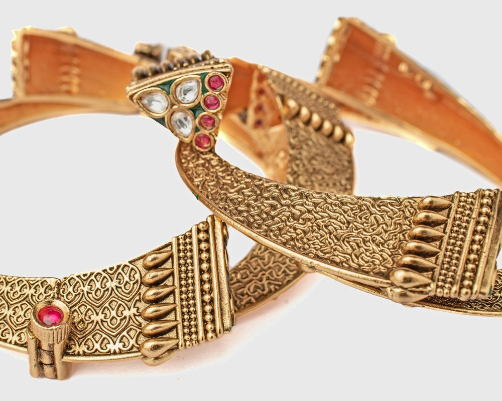 Pink And Green Stone Geometric Gold Plated Bangles Vivinia by Vidhi Mehra - Fabilicious Fashion