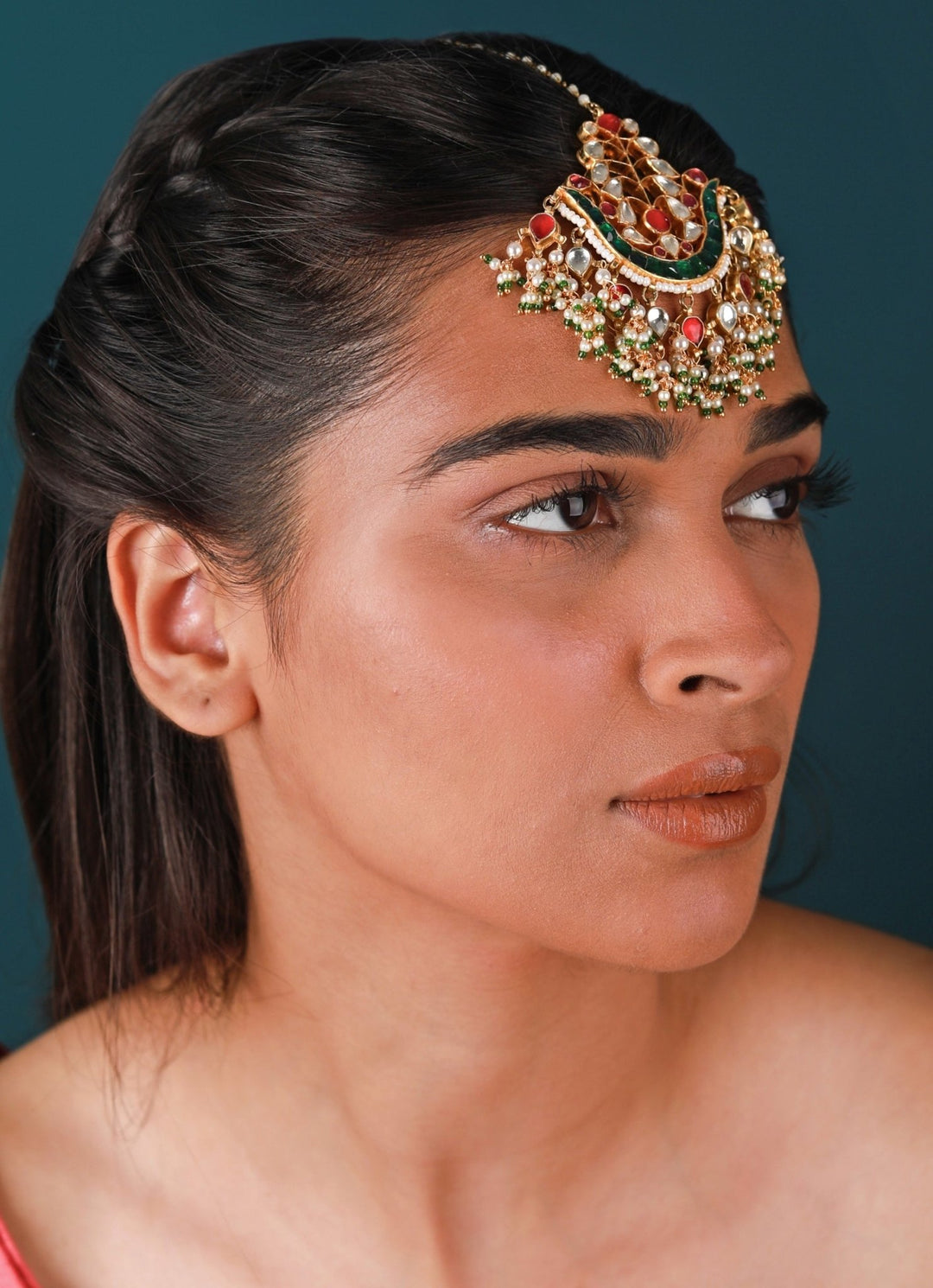 Pink And Green Stone Maang Tikka Riana by Shikha Jindal - Fabilicious Fashion