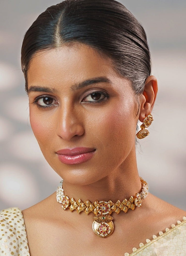 Pink And Green Temple Motifs Gold Choker Set Zevar by Geeta - Fabilicious Fashion