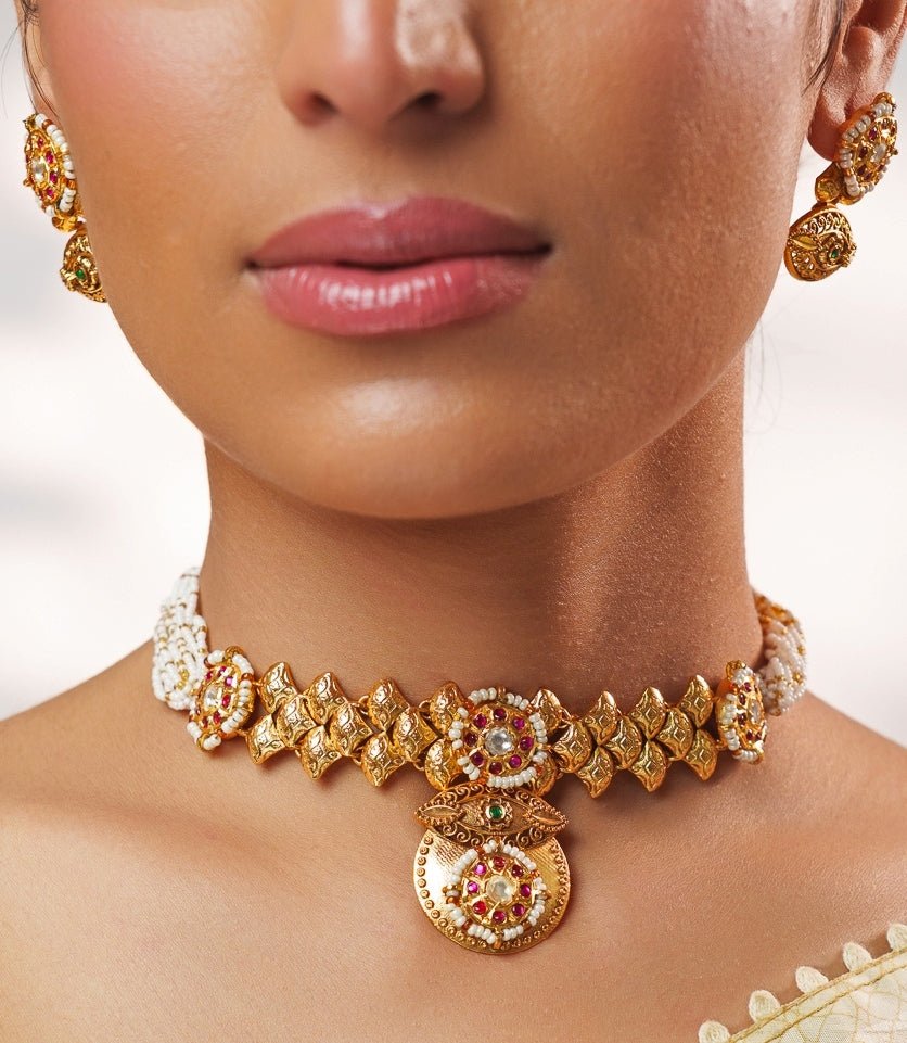 Pink And Green Temple Motifs Gold Choker Set Zevar by Geeta - Fabilicious Fashion