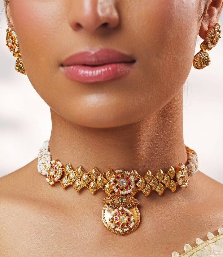 Pink And Green Temple Motifs Gold Choker Set Zevar by Geeta - Fabilicious Fashion