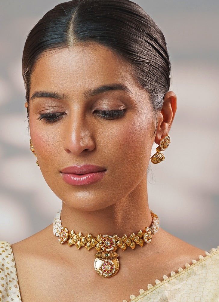 Pink And Green Temple Motifs Gold Choker Set Zevar by Geeta - Fabilicious Fashion