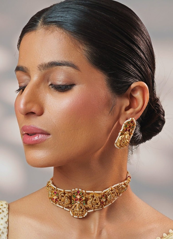 Pink And Green Temple Motifs Gold Choker Set Zevar by Geeta - Fabilicious Fashion