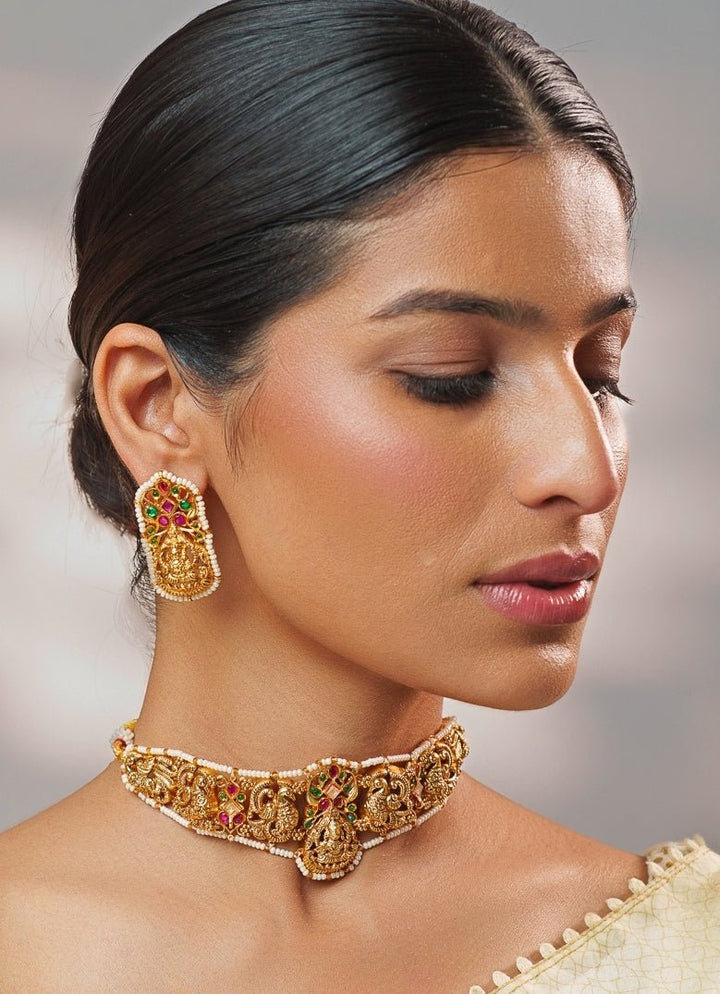 Pink And Green Temple Motifs Gold Choker Set Zevar by Geeta - Fabilicious Fashion