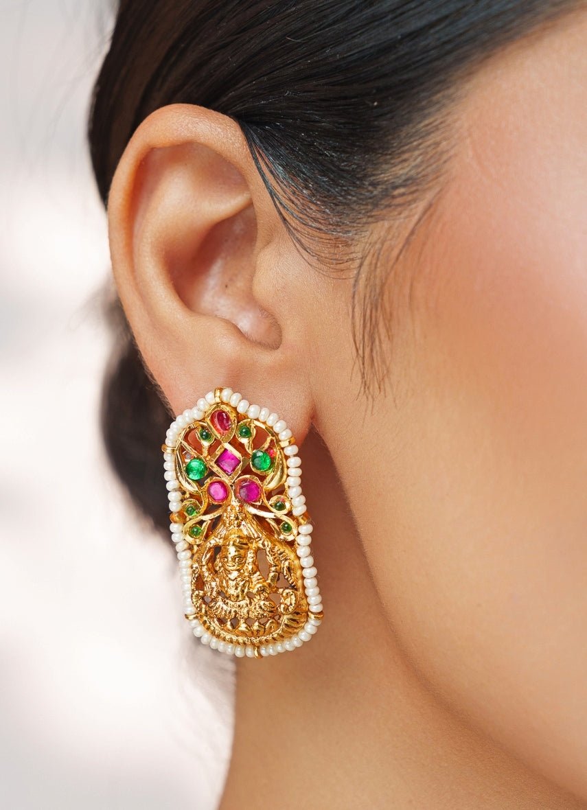 Pink And Green Temple Motifs Gold Choker Set Zevar by Geeta - Fabilicious Fashion