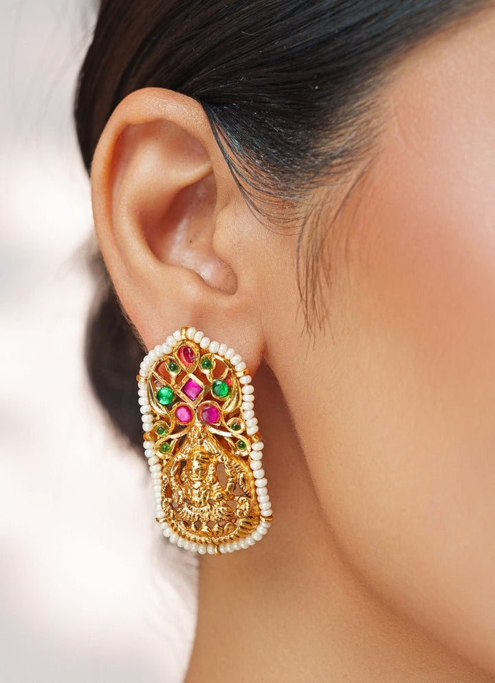 Pink And Green Temple Motifs Gold Choker Set Zevar by Geeta - Fabilicious Fashion