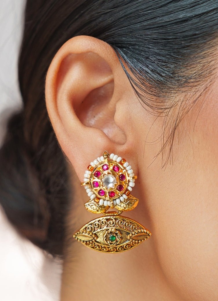 Pink And Green Temple Motifs Gold Choker Set Zevar by Geeta - Fabilicious Fashion