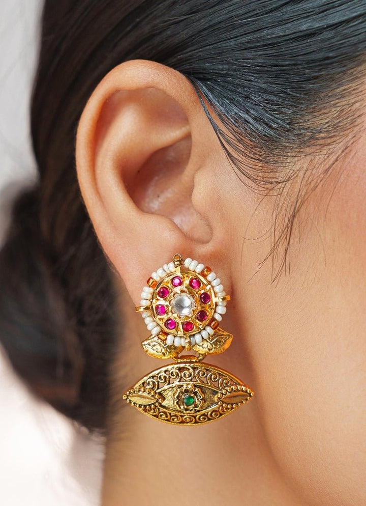 Pink And Green Temple Motifs Gold Choker Set Zevar by Geeta - Fabilicious Fashion