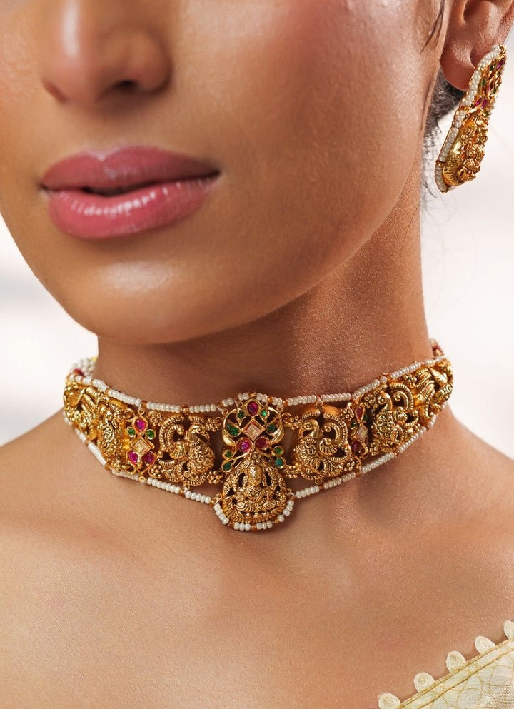 Pink And Green Temple Motifs Gold Choker Set Zevar by Geeta - Fabilicious Fashion