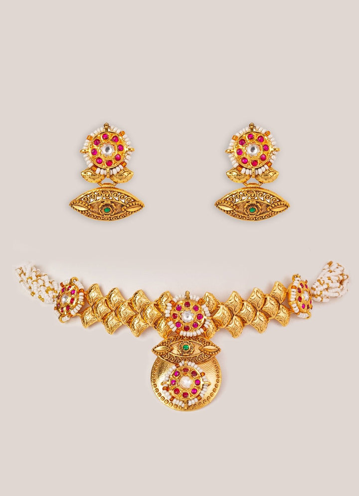 Pink And Green Temple Motifs Gold Choker Set Zevar by Geeta - Fabilicious Fashion