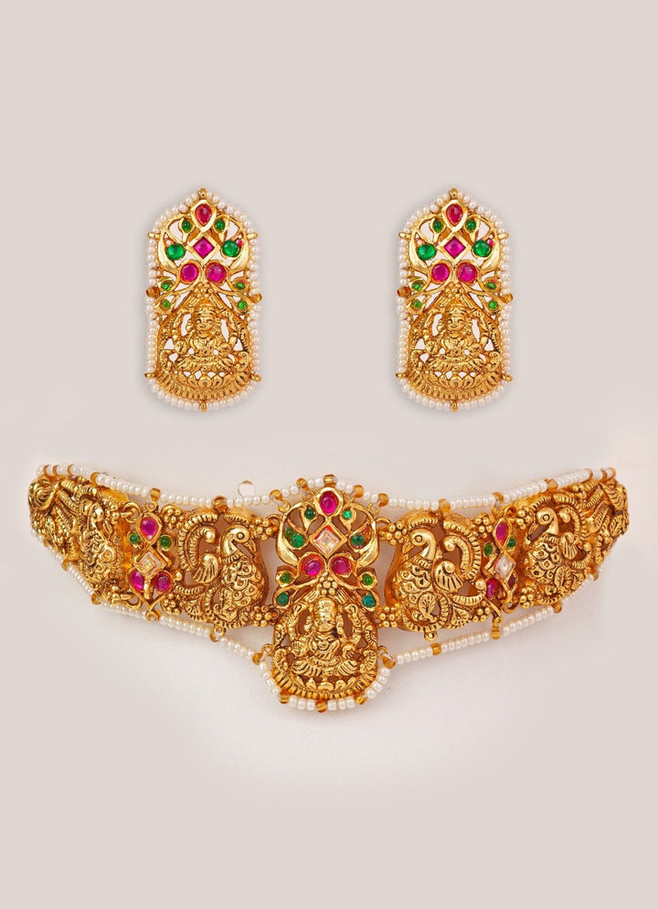 Pink And Green Temple Motifs Gold Choker Set Zevar by Geeta - Fabilicious Fashion