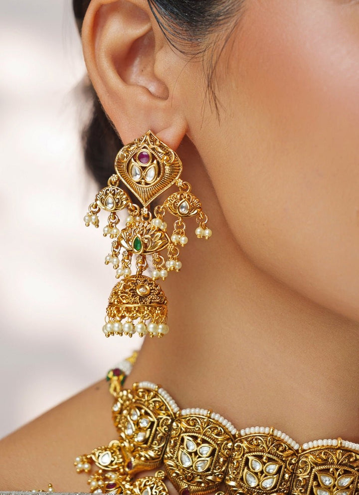 Pink And Green Temple Motifs Gold Necklace Set Zevar by Geeta - Fabilicious Fashion