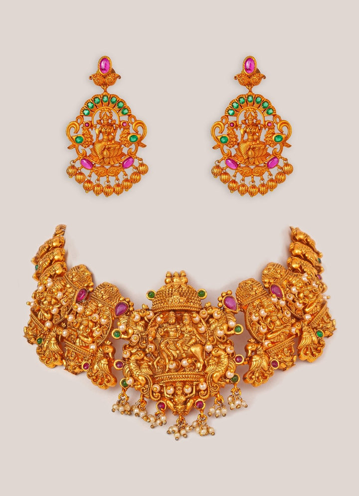 Pink And Green Temple Motifs Gold Necklace Set Zevar by Geeta - Fabilicious Fashion