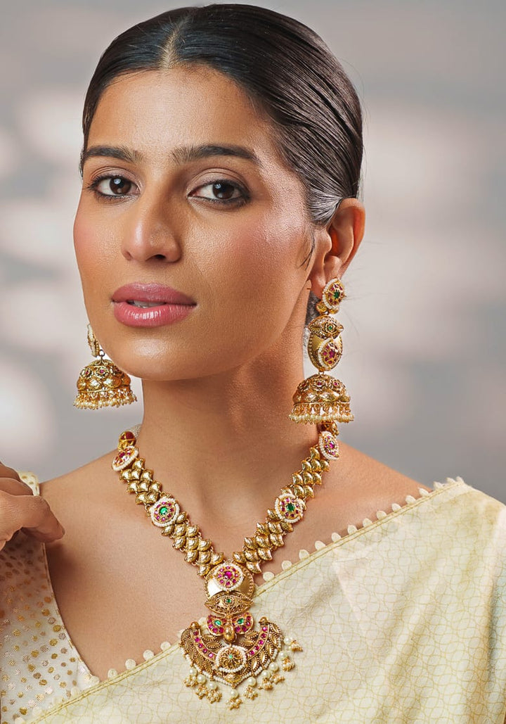 Pink And Green Temple Motifs Gold Necklace Set Zevar by Geeta - Fabilicious Fashion