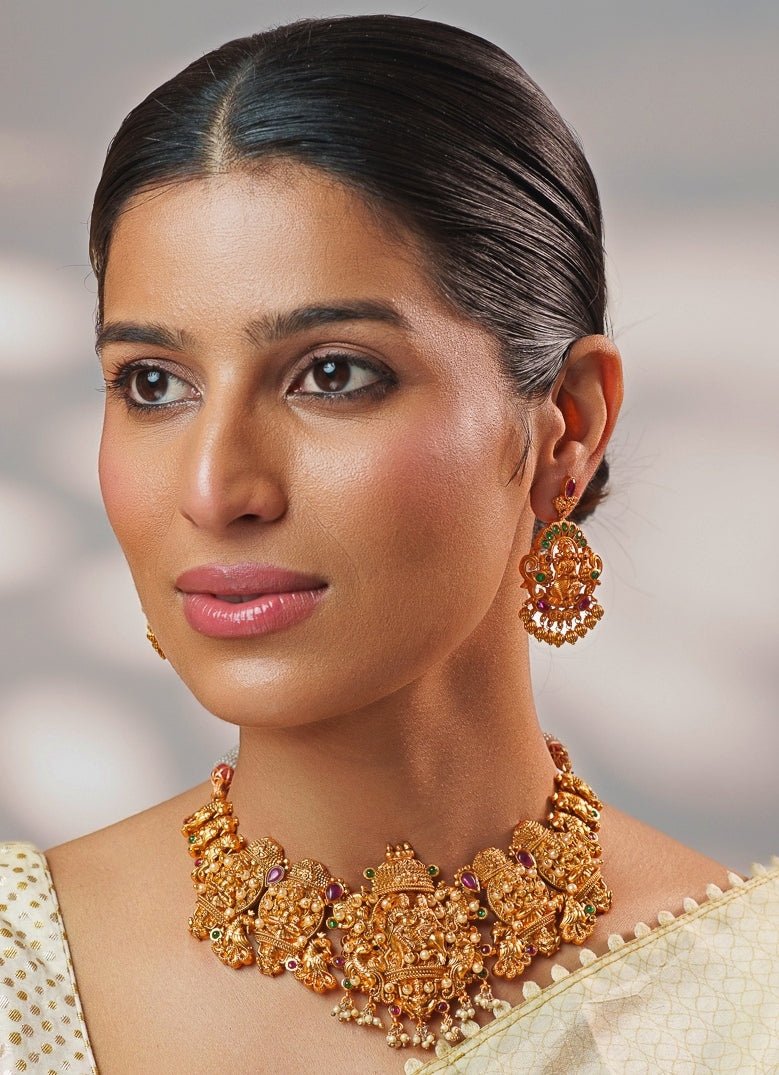 Pink And Green Temple Motifs Gold Necklace Set Zevar by Geeta - Fabilicious Fashion