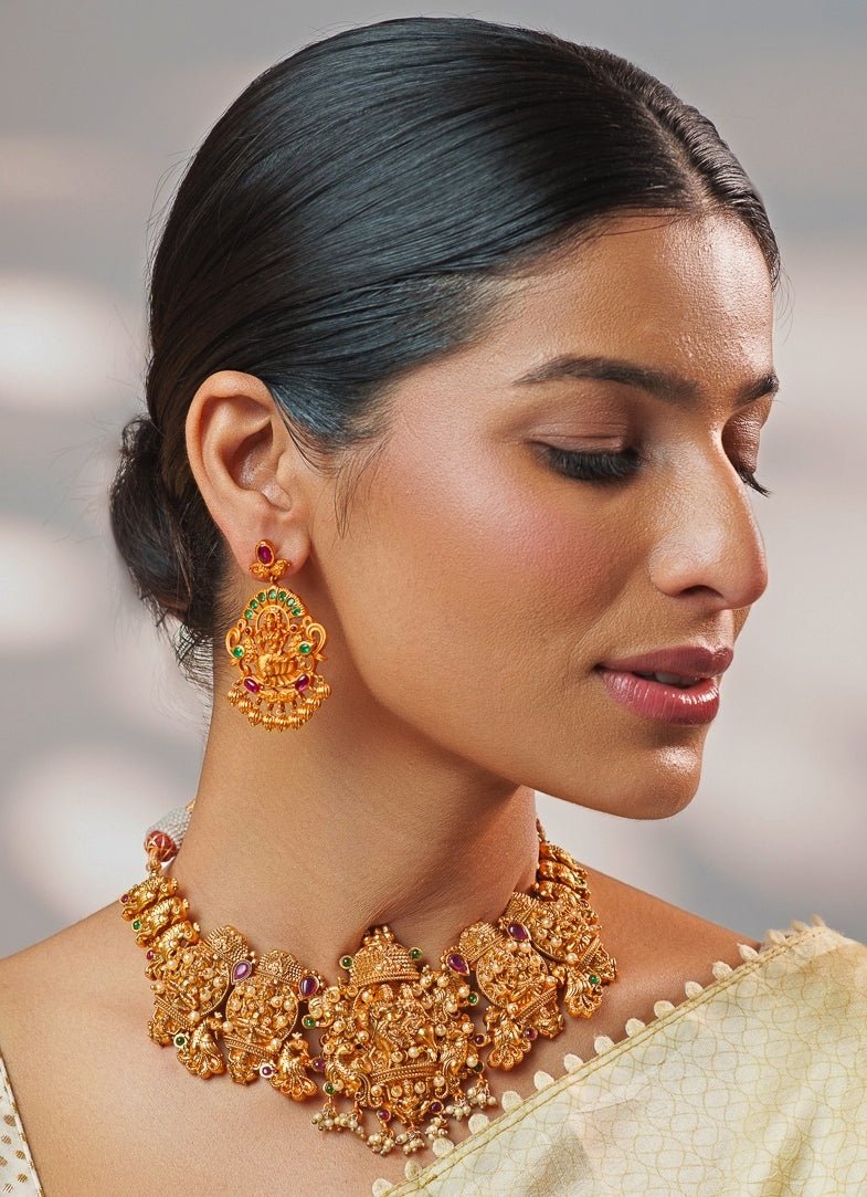 Pink And Green Temple Motifs Gold Necklace Set Zevar by Geeta - Fabilicious Fashion