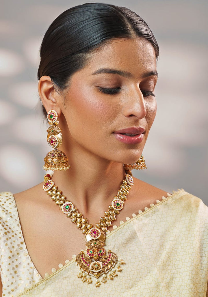 Pink And Green Temple Motifs Gold Necklace Set Zevar by Geeta - Fabilicious Fashion
