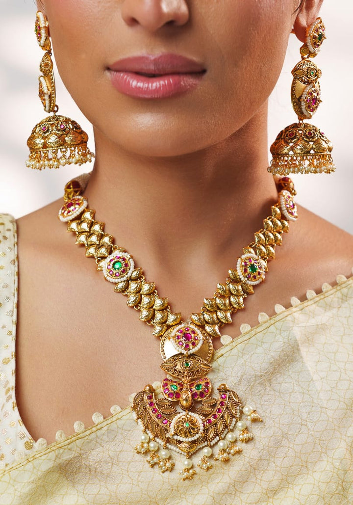 Pink And Green Temple Motifs Gold Necklace Set Zevar by Geeta - Fabilicious Fashion