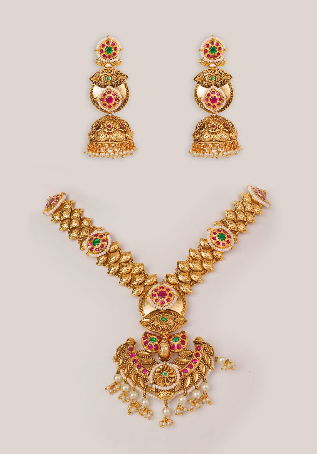 Pink And Green Temple Motifs Gold Necklace Set Zevar by Geeta - Fabilicious Fashion