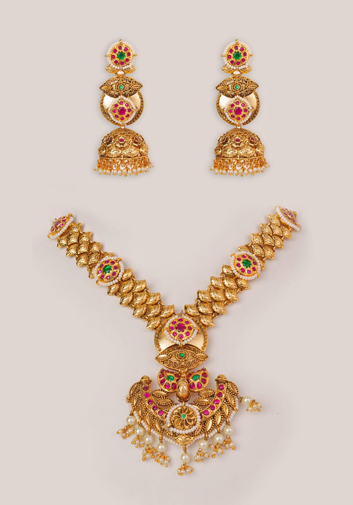 Pink And Green Temple Motifs Gold Necklace Set Zevar by Geeta - Fabilicious Fashion