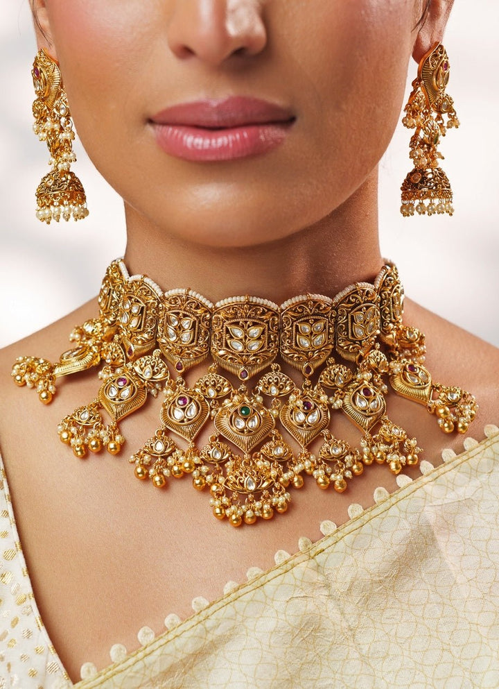 Pink And Green Temple Motifs Gold Necklace Set Zevar by Geeta - Fabilicious Fashion