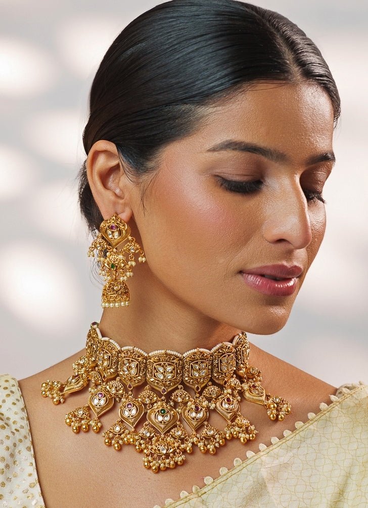 Pink And Green Temple Motifs Gold Necklace Set Zevar by Geeta - Fabilicious Fashion