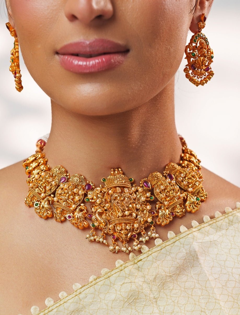 Pink And Green Temple Motifs Gold Necklace Set Zevar by Geeta - Fabilicious Fashion