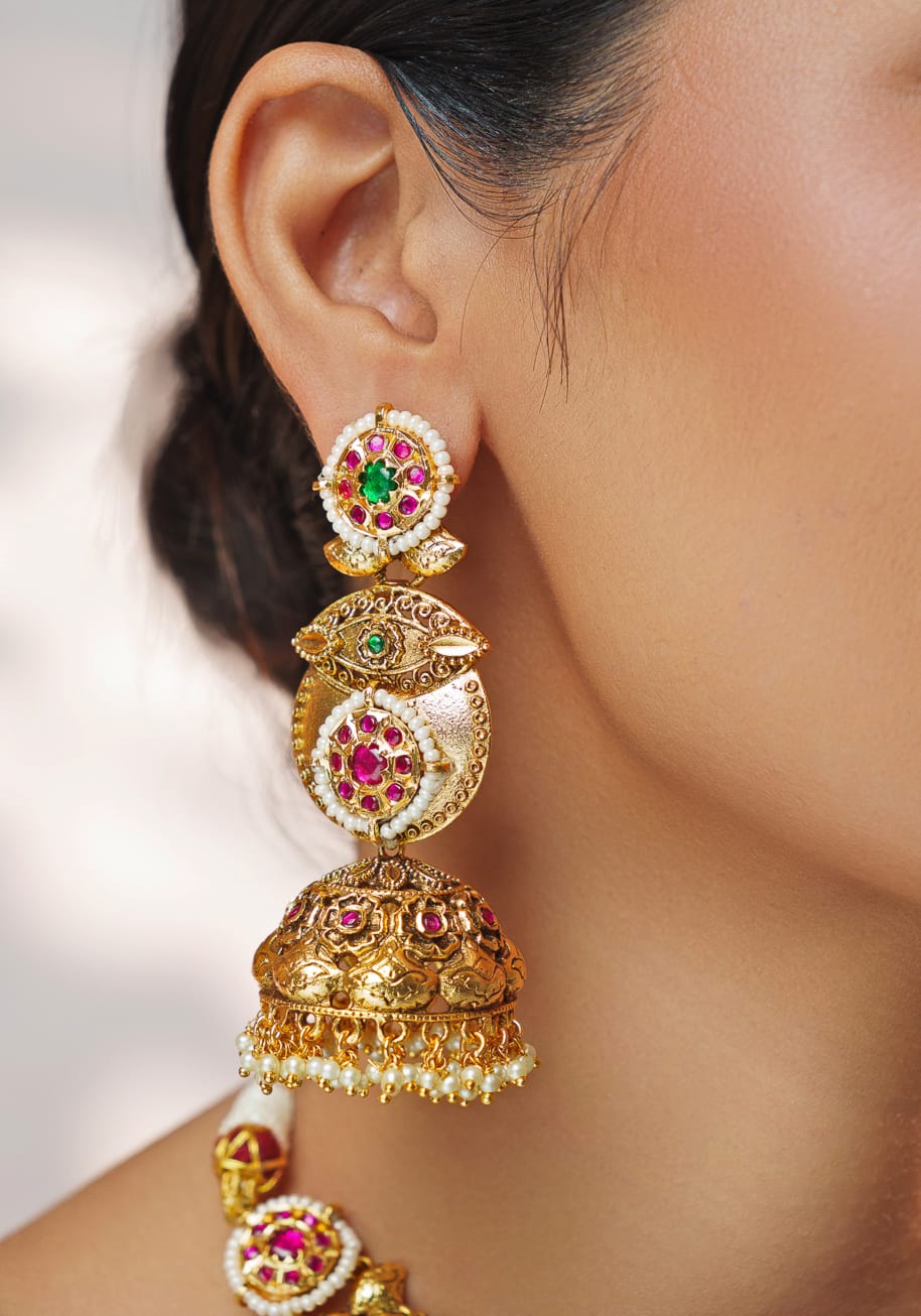 Pink And Green Temple Motifs Gold Necklace Set Zevar by Geeta - Fabilicious Fashion