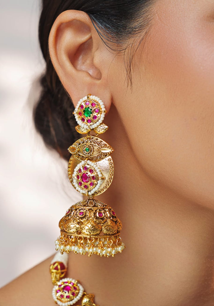 Pink And Green Temple Motifs Gold Necklace Set Zevar by Geeta - Fabilicious Fashion