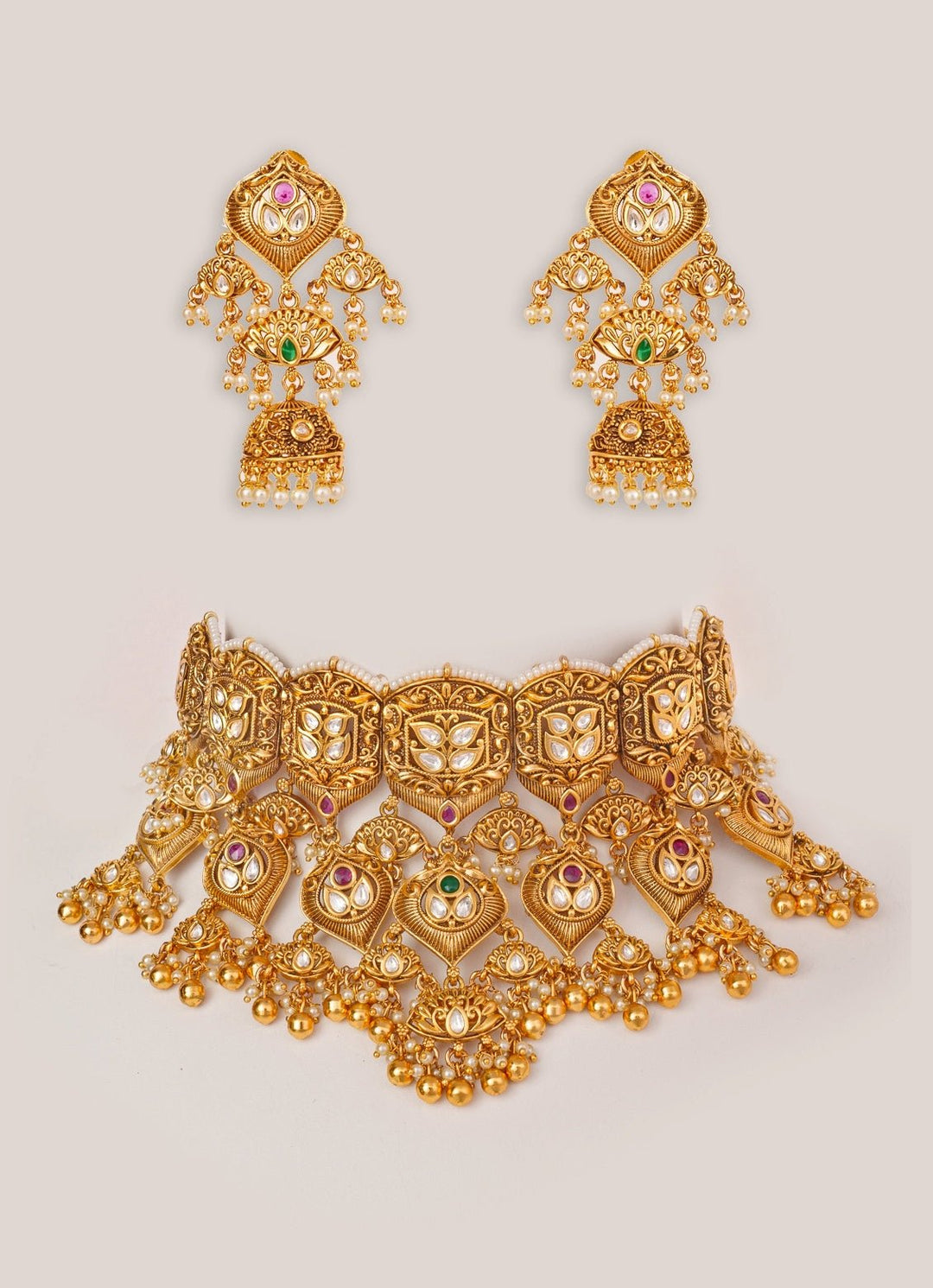Pink And Green Temple Motifs Gold Necklace Set Zevar by Geeta - Fabilicious Fashion