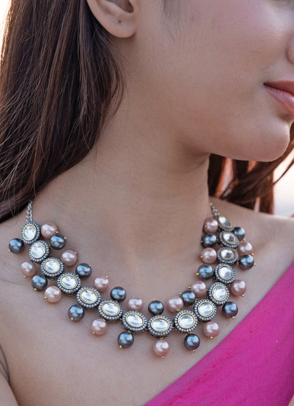 Pink And Grey Victorian Polki Silver Necklace