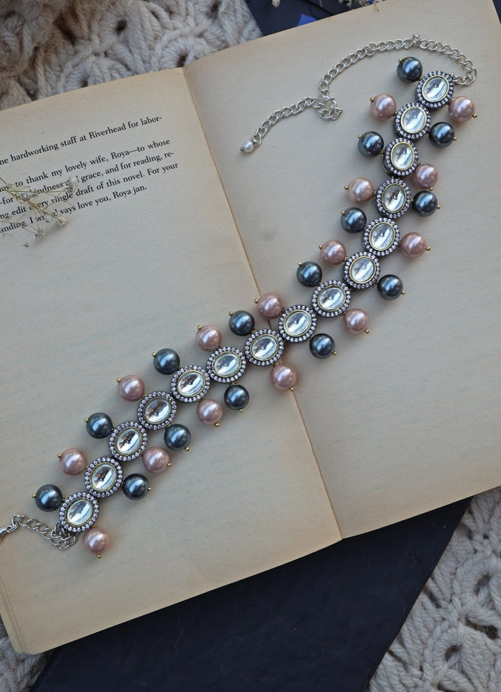 Do Taara Pink And Grey Victorian Polki Silver NecklaceFabilicious Fashion