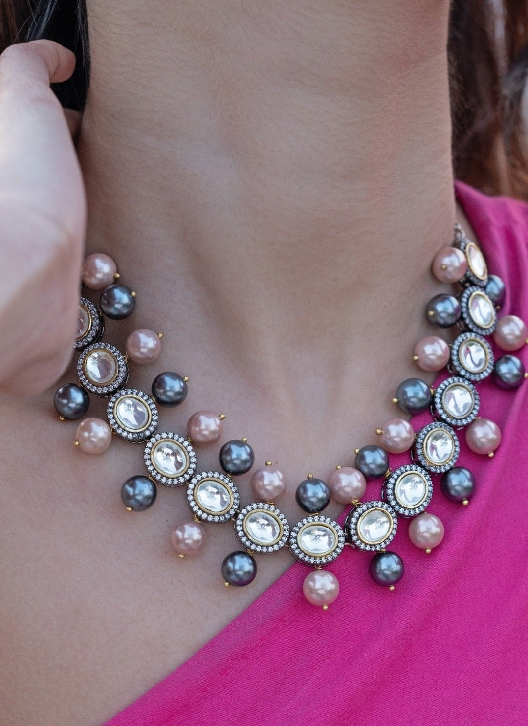 Do Taara Pink And Grey Victorian Polki Silver NecklaceFabilicious Fashion