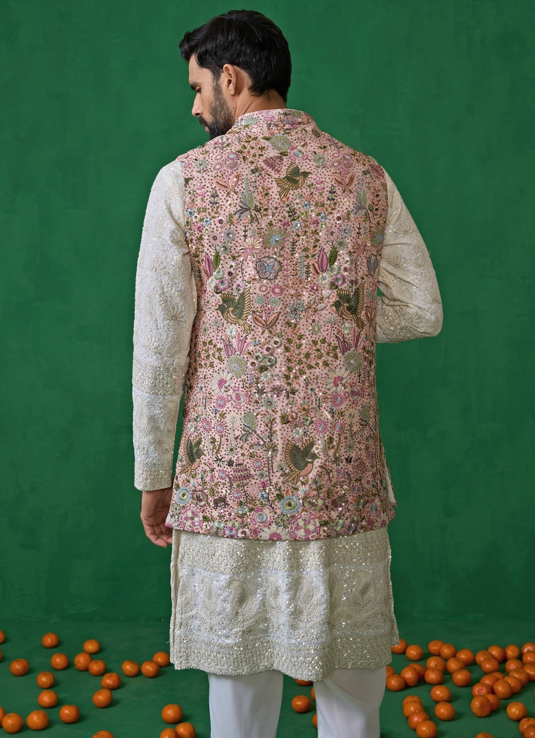 Pink And Ivory Floral Embroidered Georgette Kurta Jacket Set Kalpraag - Fabilicious Fashion