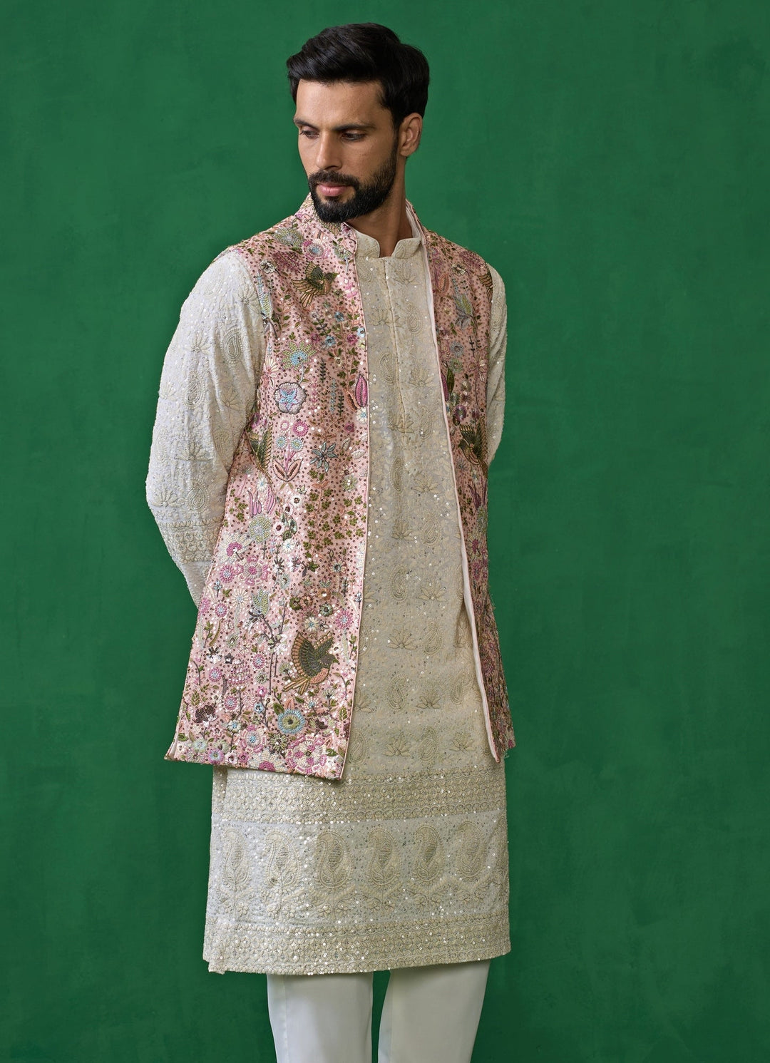 Pink And Ivory Floral Embroidered Georgette Kurta Jacket Set Kalpraag - Fabilicious Fashion