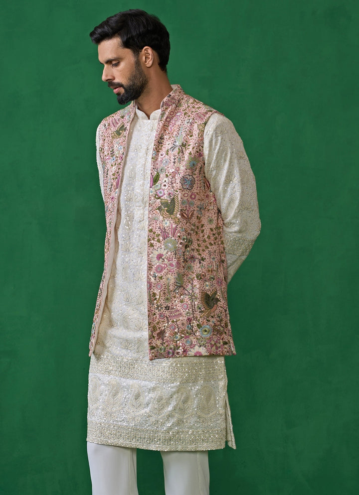 Pink And Ivory Floral Embroidered Georgette Kurta Jacket Set Kalpraag - Fabilicious Fashion