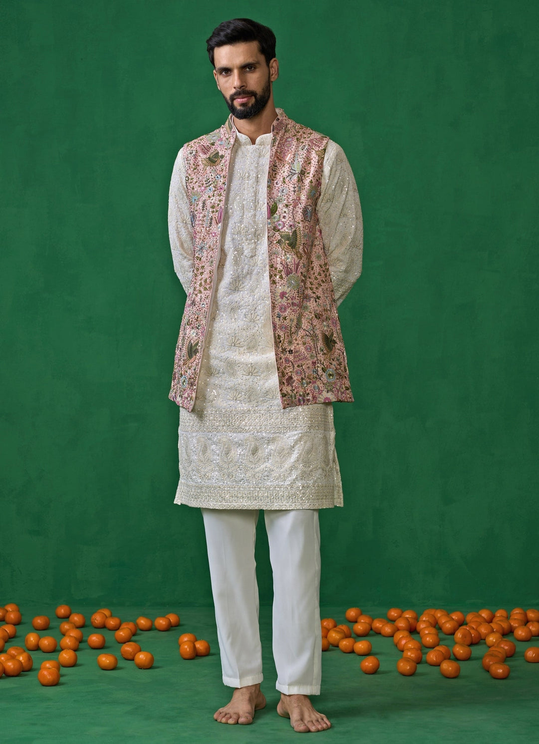 Pink And Ivory Floral Embroidered Georgette Kurta Jacket Set Kalpraag - Fabilicious Fashion