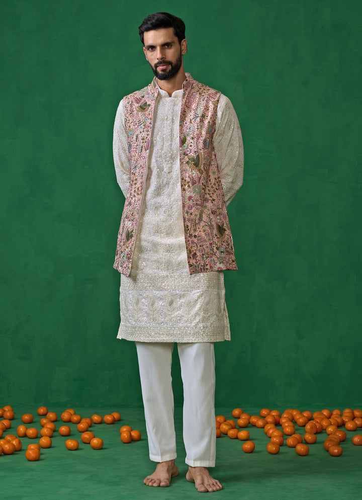 Pink And Ivory Floral Embroidered Georgette Kurta Jacket Set Kalpraag - Fabilicious Fashion